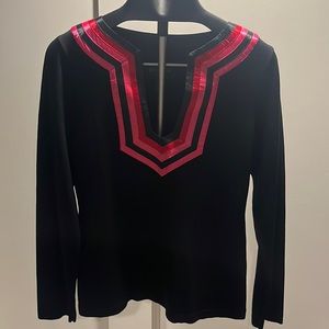 INC Black Long Sleeve Top with Red/Pink satin trim Size XL